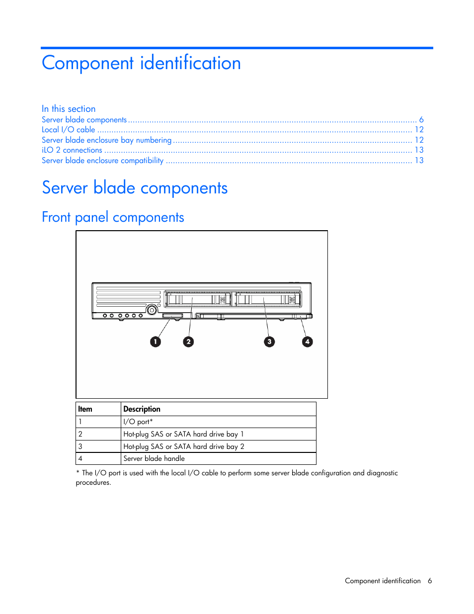 Component identification, Server blade components, Front panel components | HP ProLiant BL20p G4 Server-Blade User Manual | Page 6 / 91