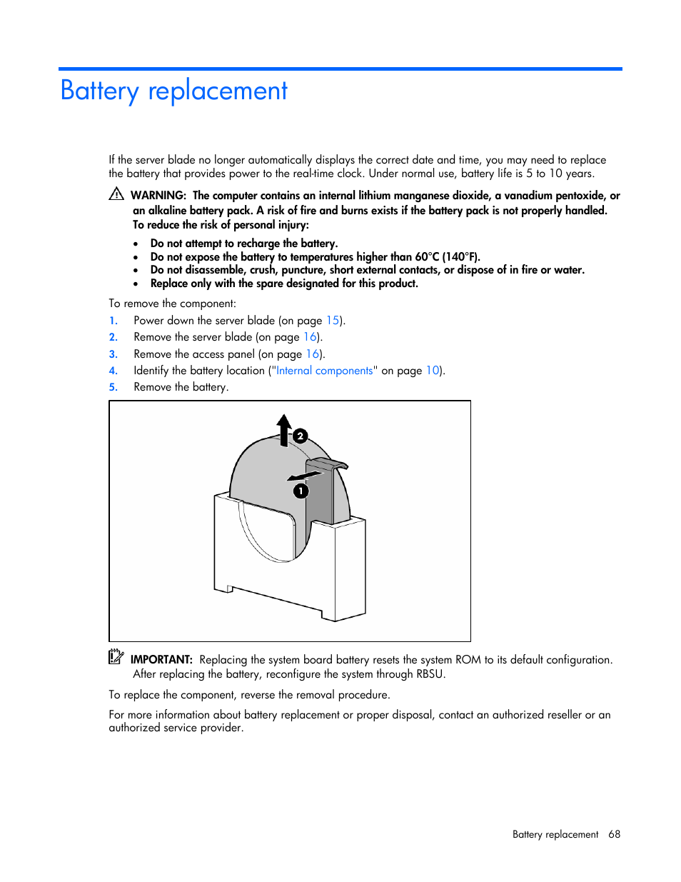 Battery replacement | HP ProLiant BL20p G4 Server-Blade User Manual | Page 68 / 91