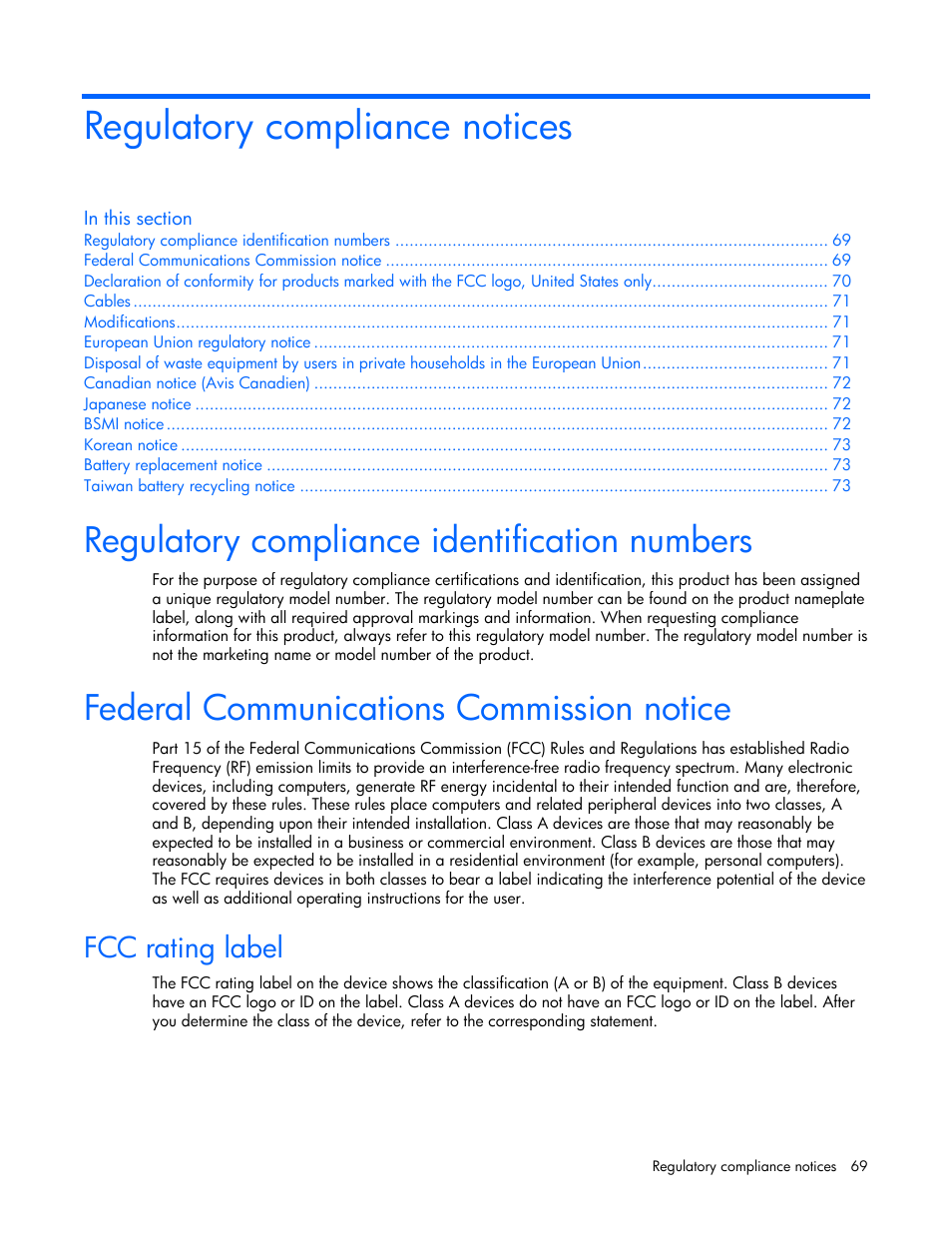 Regulatory compliance notices, Regulatory compliance identification numbers, Federal communications commission notice | Fcc rating label | HP ProLiant BL20p G4 Server-Blade User Manual | Page 69 / 91