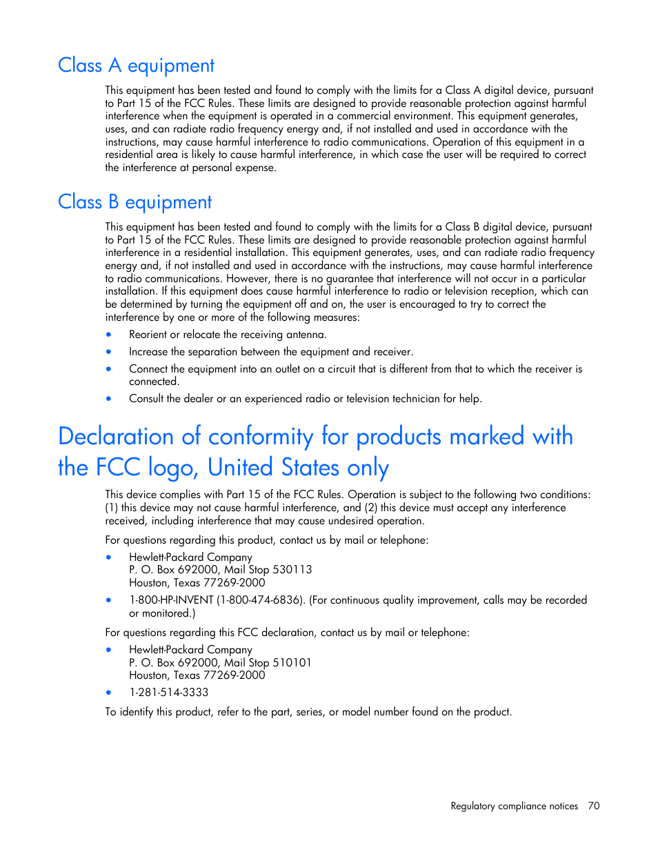 Class a equipment, Class b equipment | HP ProLiant BL20p G4 Server-Blade User Manual | Page 70 / 91