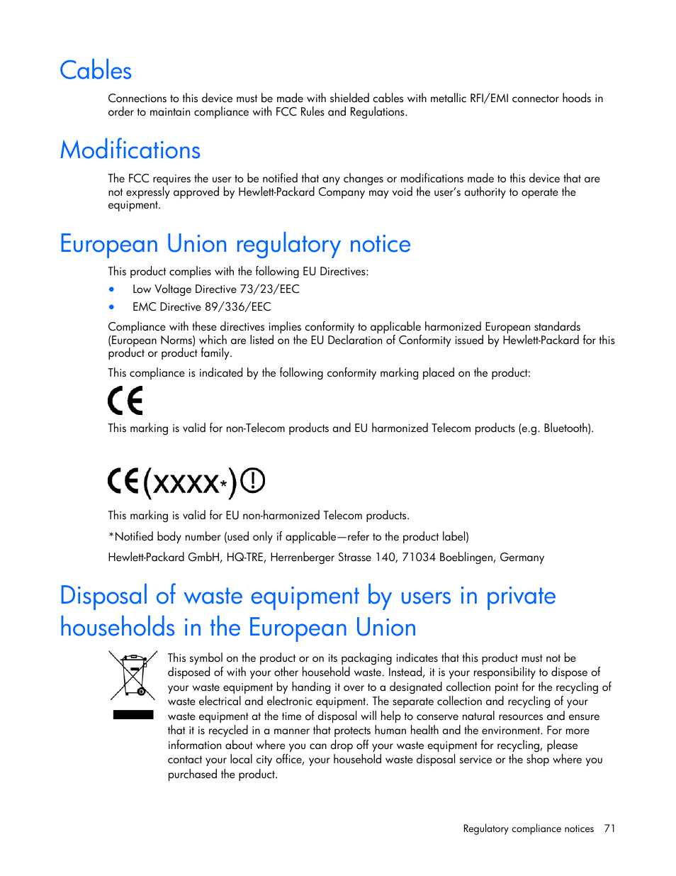 Cables, Modifications, European union regulatory notice | HP ProLiant BL20p G4 Server-Blade User Manual | Page 71 / 91