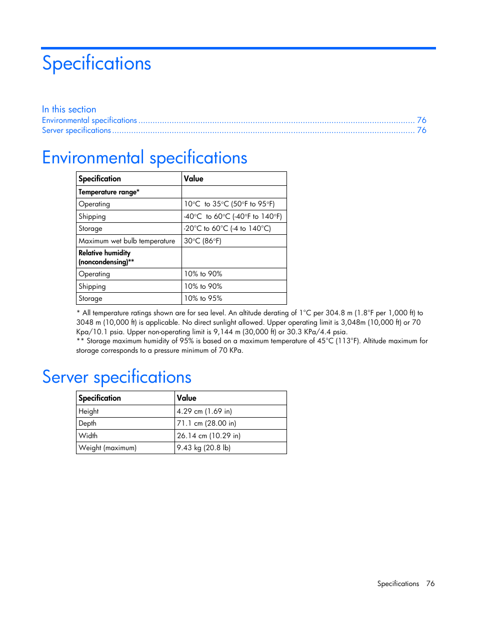 Specifications, Environmental specifications, Server specifications | HP ProLiant BL20p G4 Server-Blade User Manual | Page 76 / 91