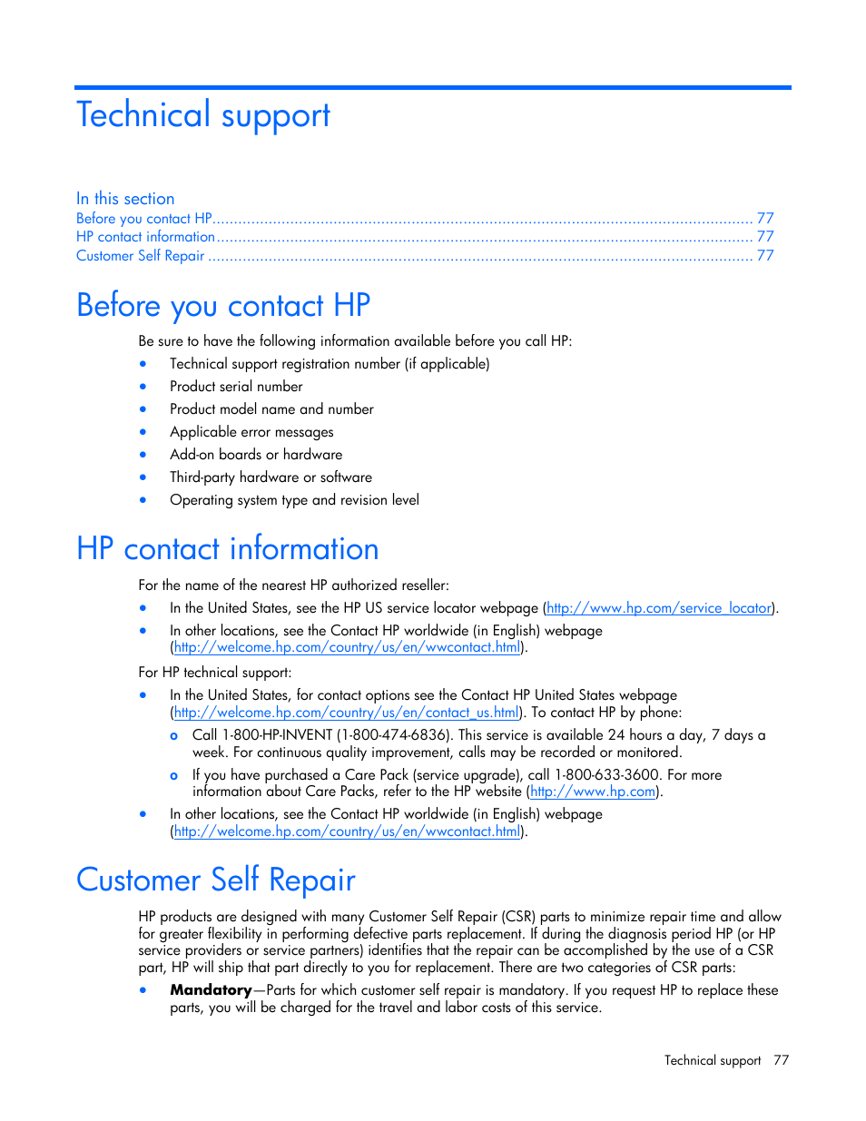 Technical support, Before you contact hp, Hp contact information | Customer self repair | HP ProLiant BL20p G4 Server-Blade User Manual | Page 77 / 91