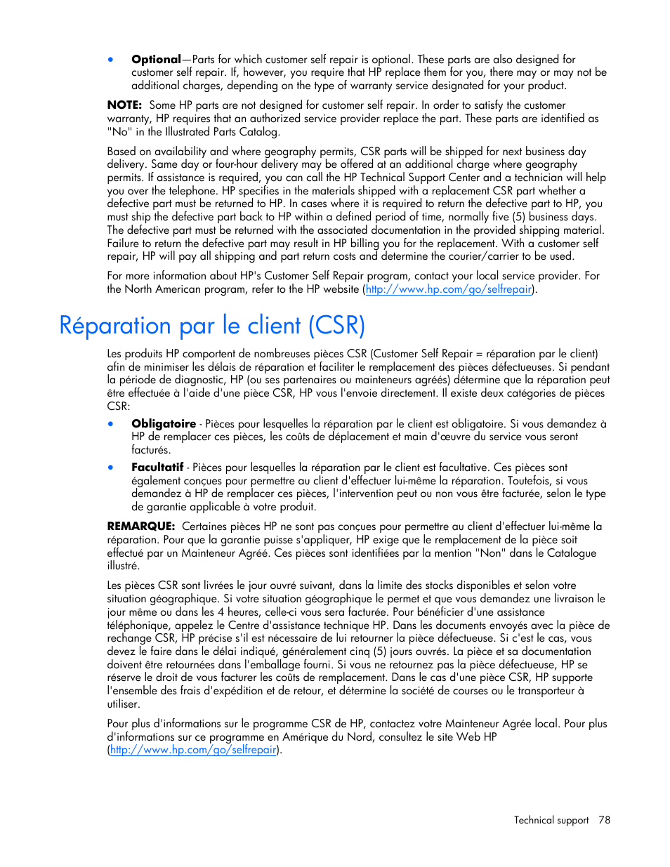 Réparation par le client (csr) | HP ProLiant BL20p G4 Server-Blade User Manual | Page 78 / 91