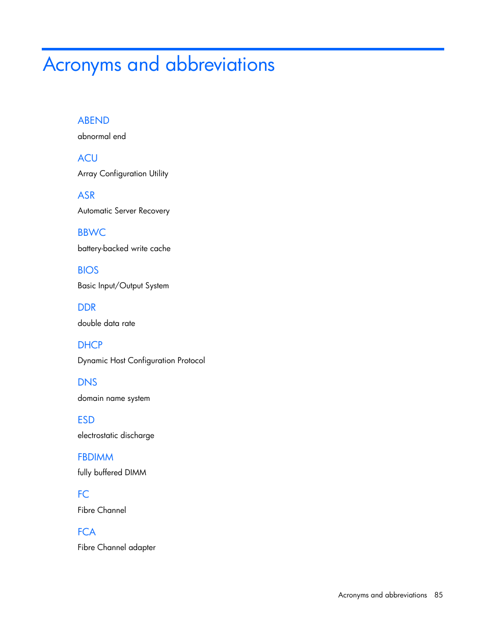 Acronyms and abbreviations | HP ProLiant BL20p G4 Server-Blade User Manual | Page 85 / 91