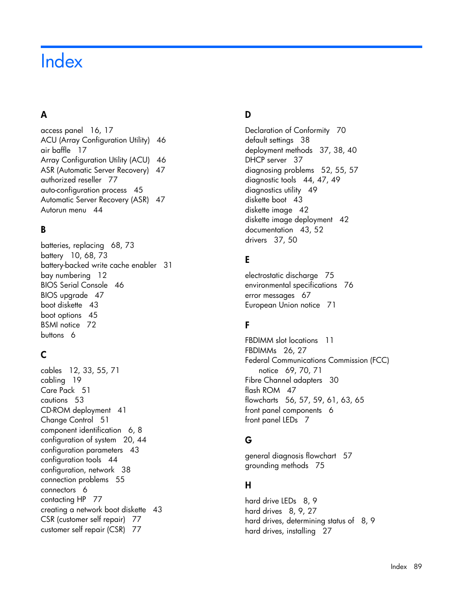 Index | HP ProLiant BL20p G4 Server-Blade User Manual | Page 89 / 91