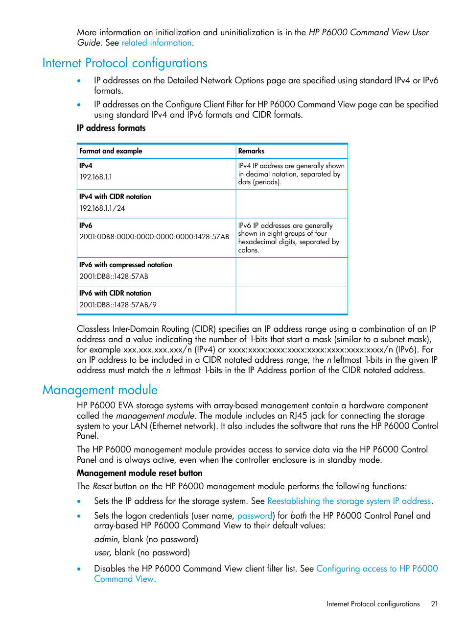 Internet protocol configurations, Management module, Internet protocol configurations management module | Management, Modules | HP P6000 Command View Software User Manual | Page 21 / 29