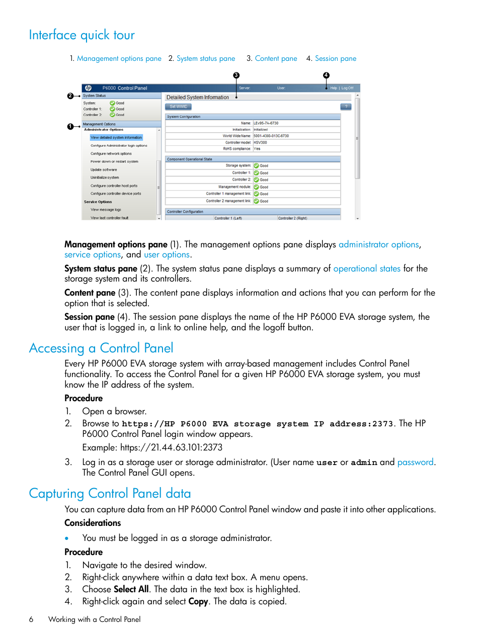 Interface quick tour, Accessing a control panel, Capturing control panel data | HP P6000 Command View Software User Manual | Page 6 / 29