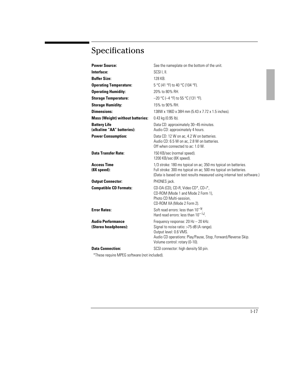 Specifications | HP OmniBook 800 Notebook PC User Manual | Page 17 / 21