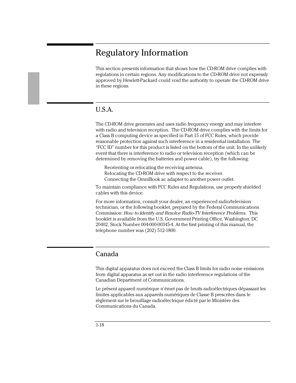 Regulatory information, U.s.a, Canada | HP OmniBook 800 Notebook PC User Manual | Page 18 / 21