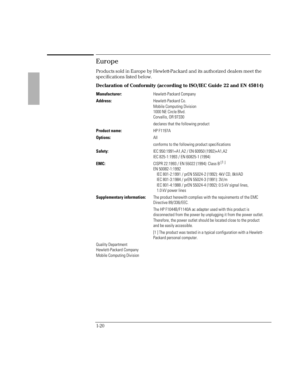 Europe | HP OmniBook 800 Notebook PC User Manual | Page 20 / 21