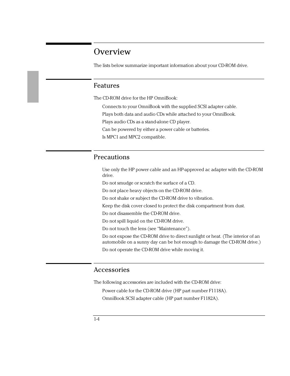 Overview, Features, Precautions | Accessories | HP OmniBook 800 Notebook PC User Manual | Page 4 / 21