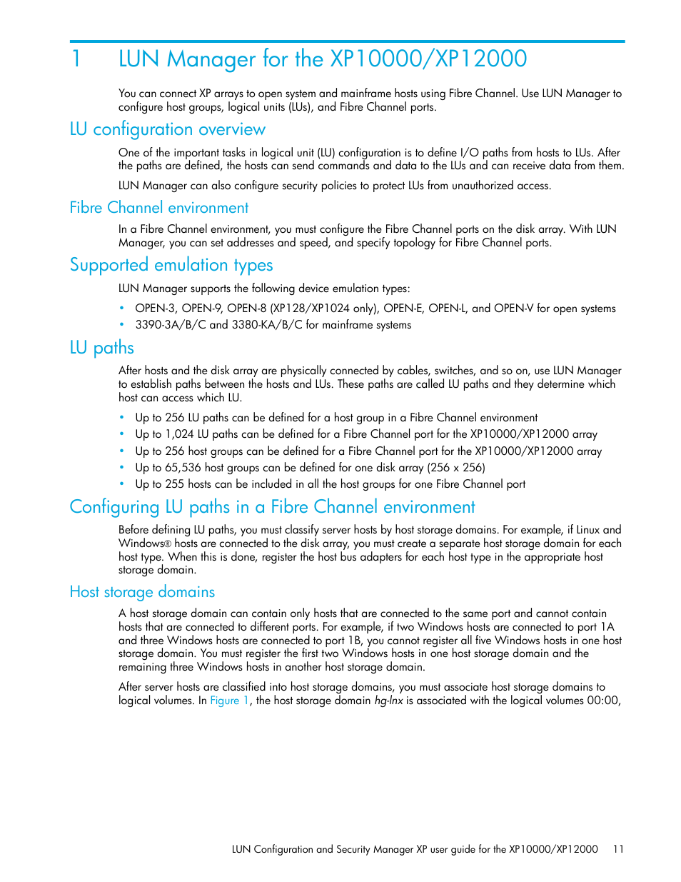 Lun manager for the xp10000/xp12000, Lu configuration overview, Fibre channel environment | Supported emulation types, Lu paths, Host storage domains, 1 lun manager for the xp10000/xp12000 | HP XP LUN Configuration and Security Manager Software User Manual | Page 11 / 84