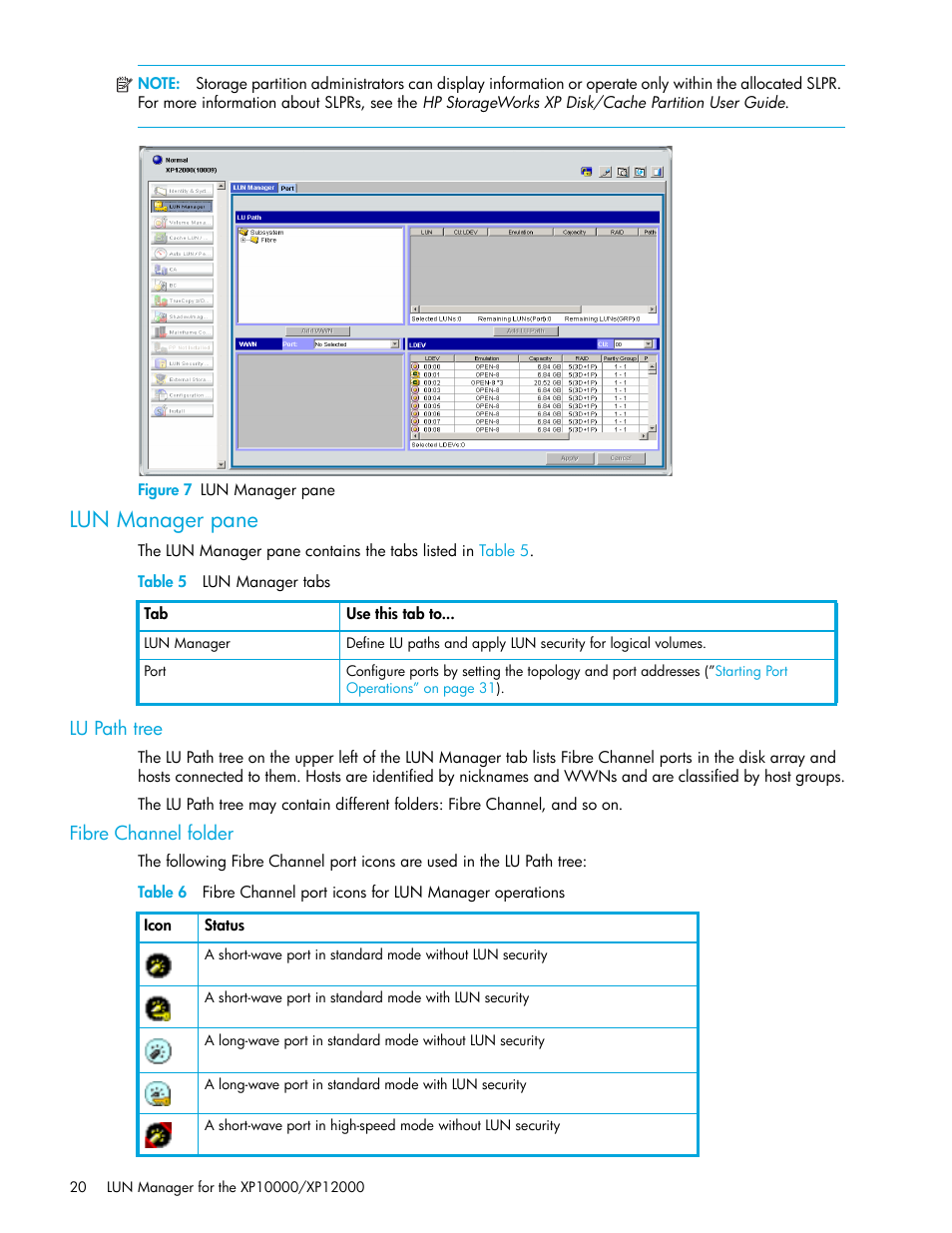 Figure 7 lun manager pane, Lun manager pane, Table 5 lun manager tabs | Lu path tree, Fibre channel folder, 7 lun manager pane, 5 lun manager tabs | HP XP LUN Configuration and Security Manager Software User Manual | Page 20 / 84