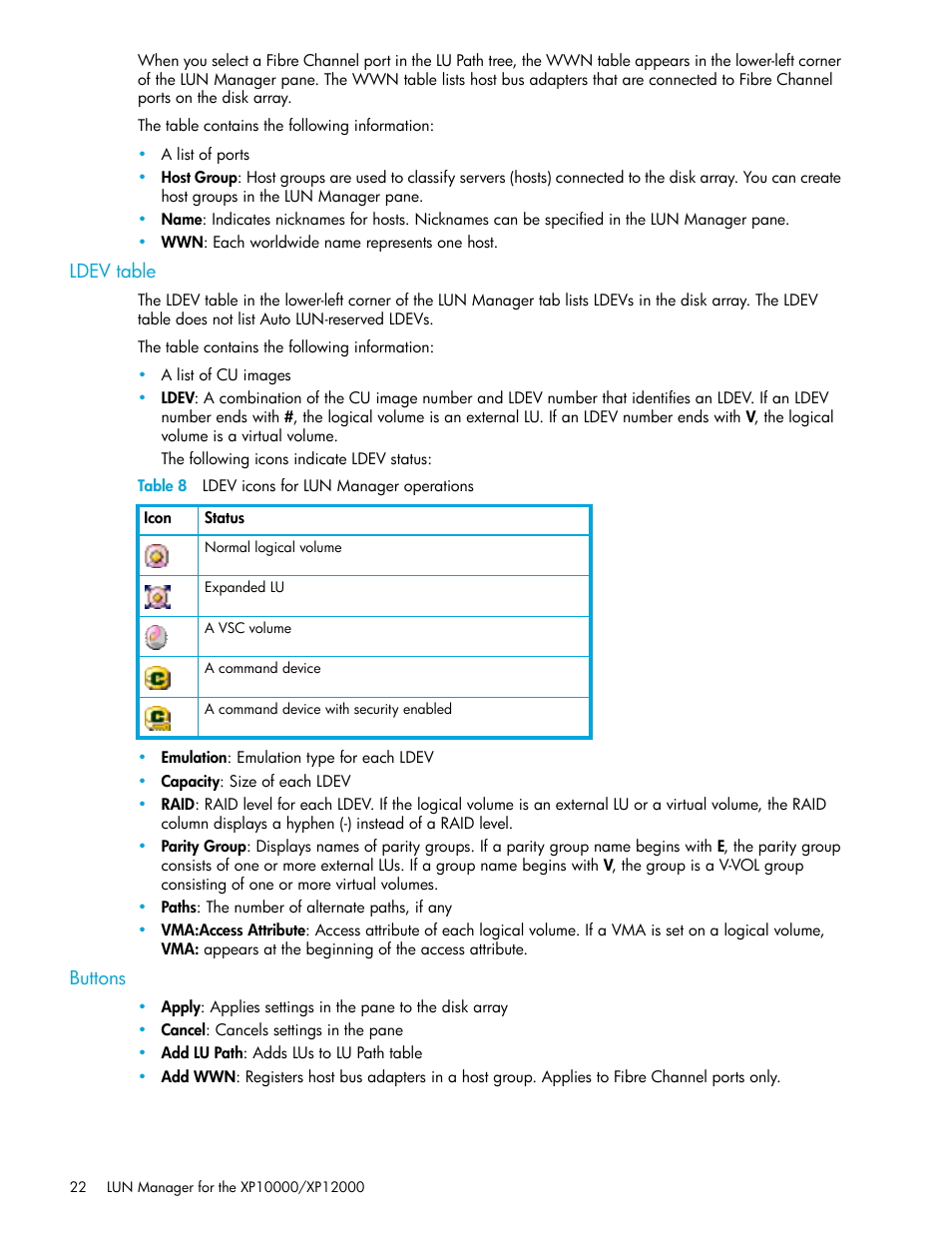 Ldev table, Table 8 ldev icons for lun manager operations, Buttons | 8 ldev icons for lun manager operations | HP XP LUN Configuration and Security Manager Software User Manual | Page 22 / 84