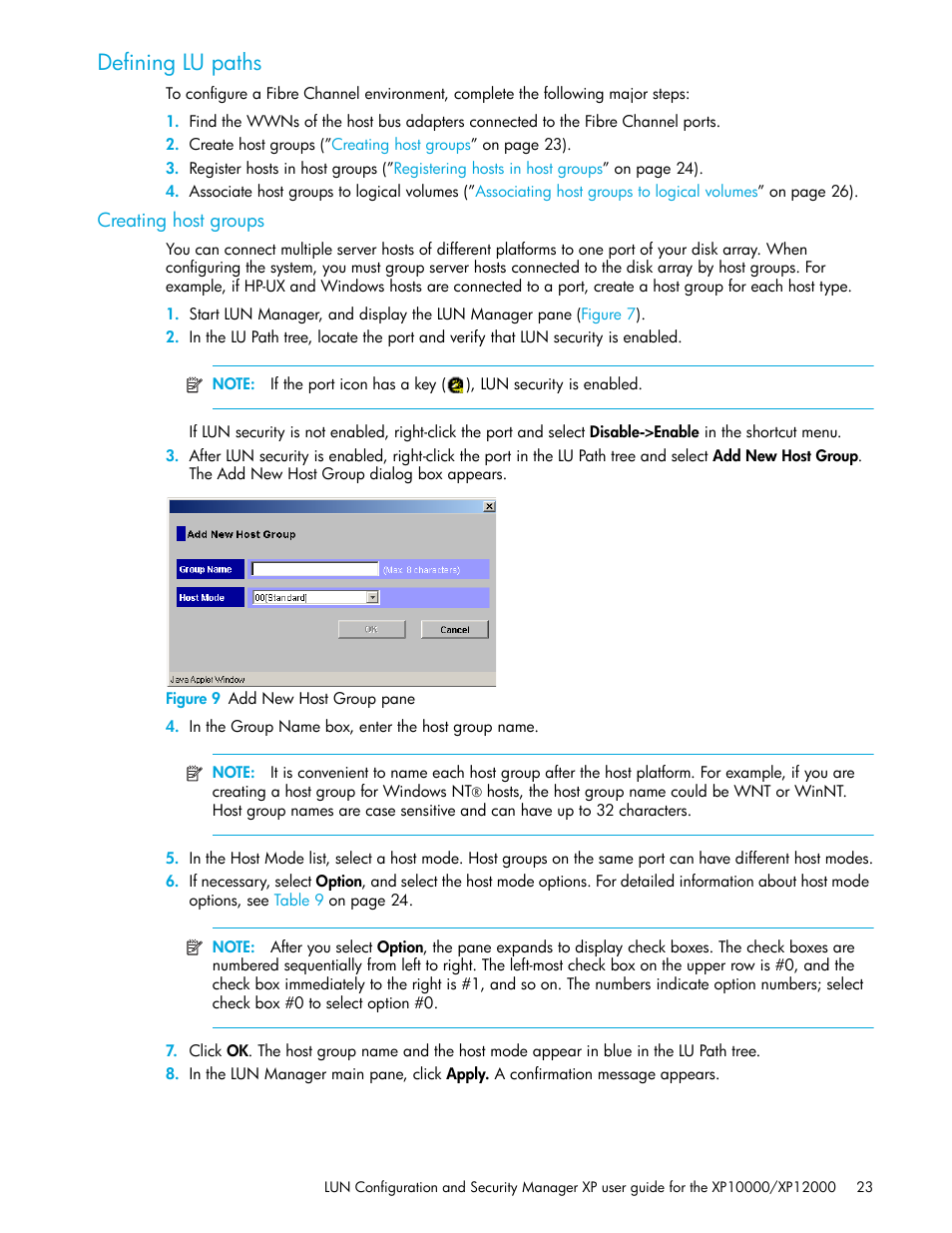 Defining lu paths, Creating host groups, Figure 9 add new host group pane | 9 add new host group pane | HP XP LUN Configuration and Security Manager Software User Manual | Page 23 / 84