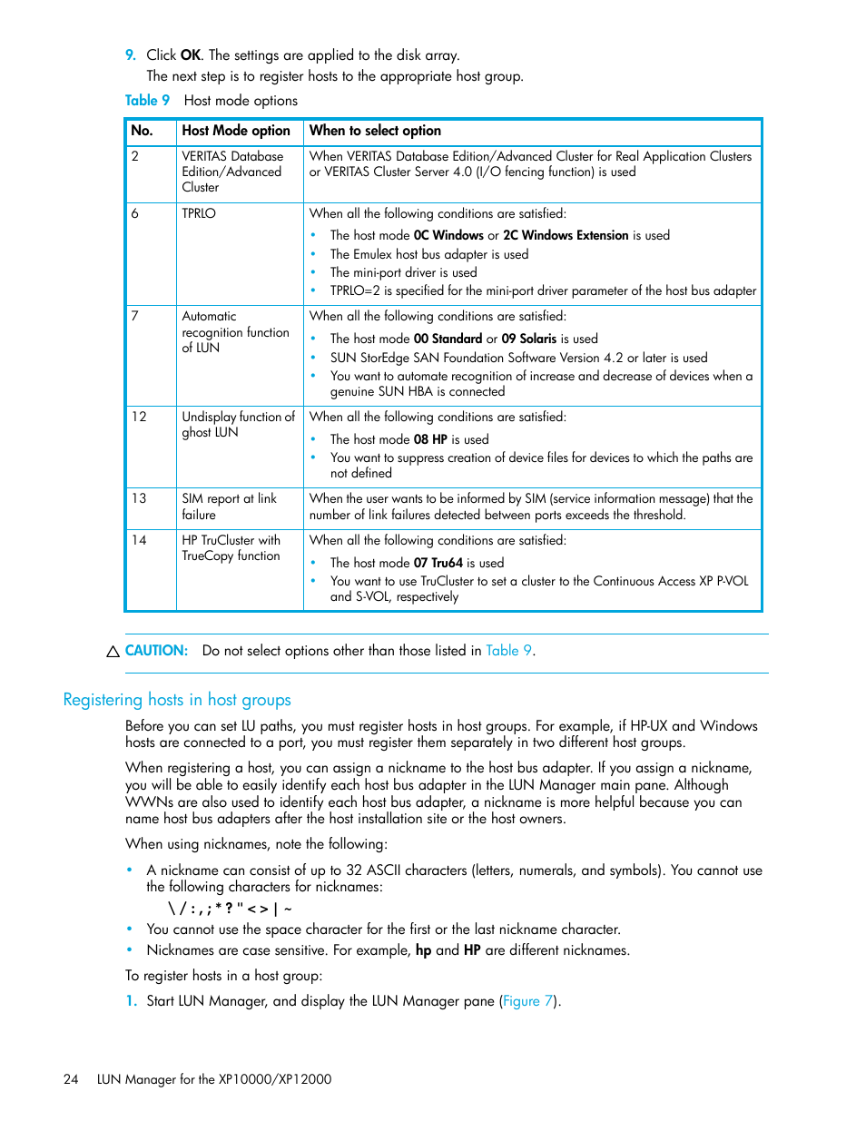 Table 9 host mode options, Registering hosts in host groups, 9 host mode options | Table 9 | HP XP LUN Configuration and Security Manager Software User Manual | Page 24 / 84