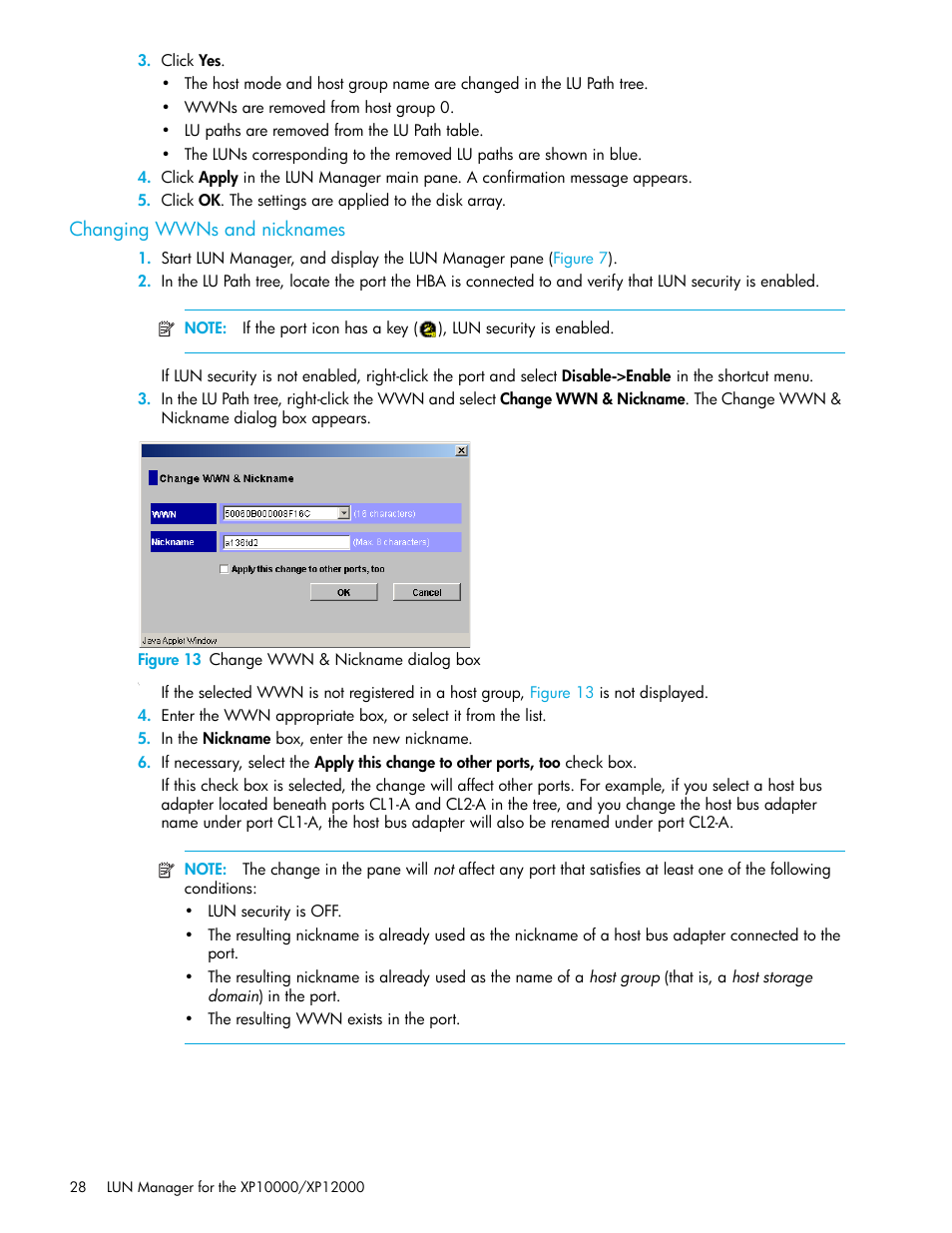 Changing wwns and nicknames, Figure 13 change wwn & nickname dialog box, 13 change wwn & nickname dialog box | HP XP LUN Configuration and Security Manager Software User Manual | Page 28 / 84