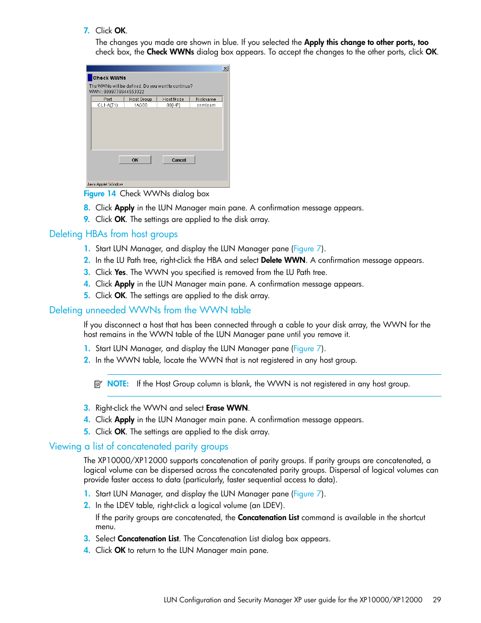 Figure 14 check wwns dialog box, Deleting hbas from host groups, Deleting unneeded wwns from the wwn table | Viewing a list of concatenated parity groups, 14 check wwns dialog box | HP XP LUN Configuration and Security Manager Software User Manual | Page 29 / 84