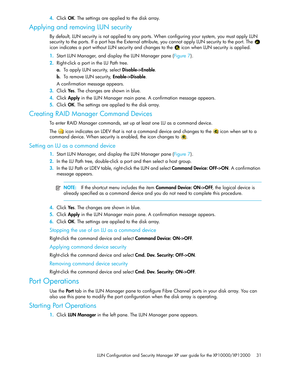 Applying and removing lun security, Creating raid manager command devices, Setting an lu as a command device | Stopping the use of an lu as a command device, Applying command device security, Removing command device security, Port operations, Starting port operations, Starting port | HP XP LUN Configuration and Security Manager Software User Manual | Page 31 / 84