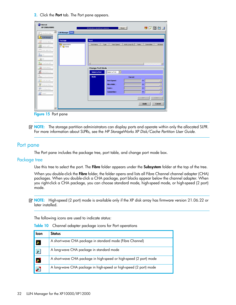 Figure 15 port pane, Port pane, Package tree | 15 port pane | HP XP LUN Configuration and Security Manager Software User Manual | Page 32 / 84