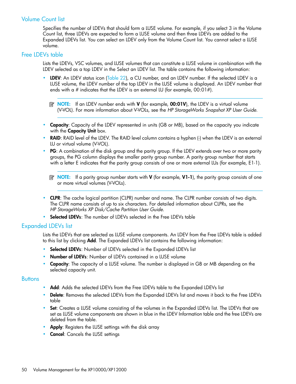 Volume count list, Free ldevs table, Expanded ldevs list | Buttons | HP XP LUN Configuration and Security Manager Software User Manual | Page 50 / 84