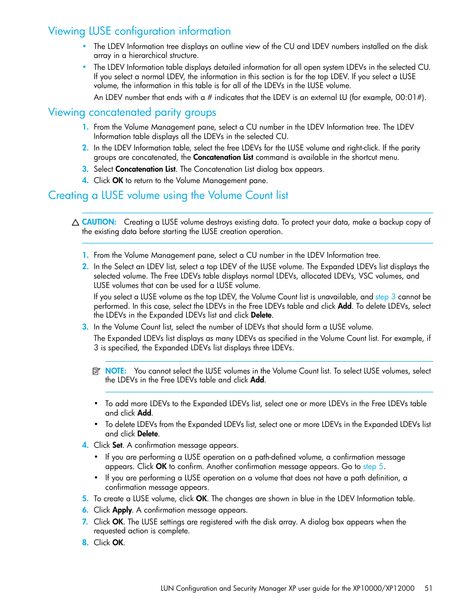 Viewing luse configuration information, Viewing concatenated parity groups, Creating a luse volume using the volume count list | HP XP LUN Configuration and Security Manager Software User Manual | Page 51 / 84