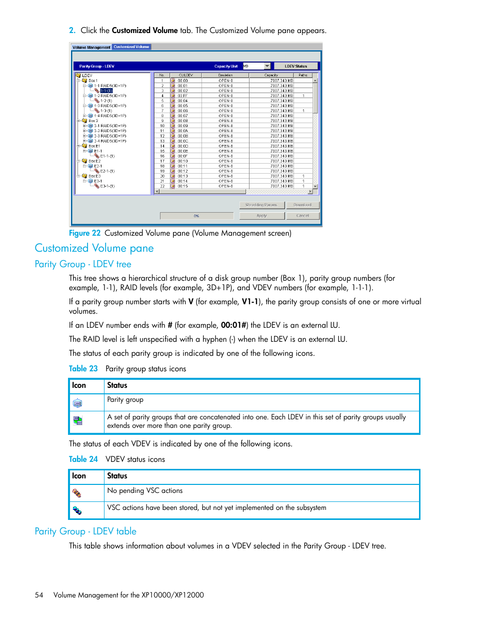 Customized volume pane, Parity group - ldev tree, Table 23 parity group status icons | Table 24 vdev status icons, Parity group - ldev table, 23 parity group status icons, 24 vdev status icons | HP XP LUN Configuration and Security Manager Software User Manual | Page 54 / 84