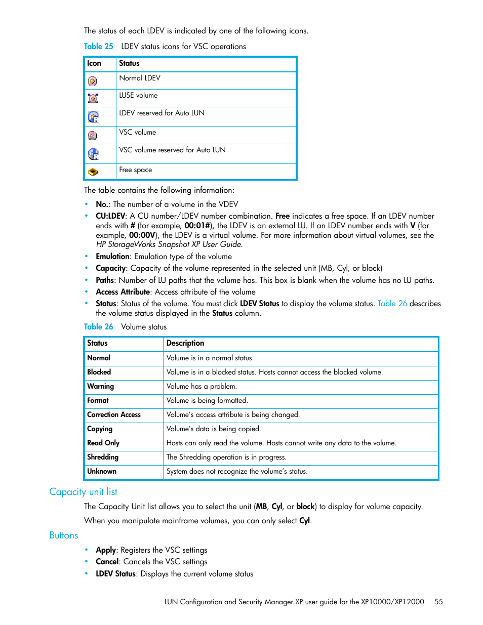 Table 25 ldev status icons for vsc operations, Table 26 volume status, Capacity unit list | Buttons, 25 ldev status icons for vsc operations, 26 volume status | HP XP LUN Configuration and Security Manager Software User Manual | Page 55 / 84