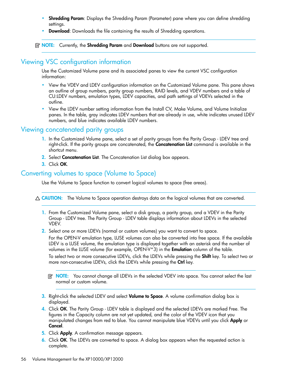 Viewing vsc configuration information, Viewing concatenated parity groups, Converting volumes to space (volume to space) | HP XP LUN Configuration and Security Manager Software User Manual | Page 56 / 84