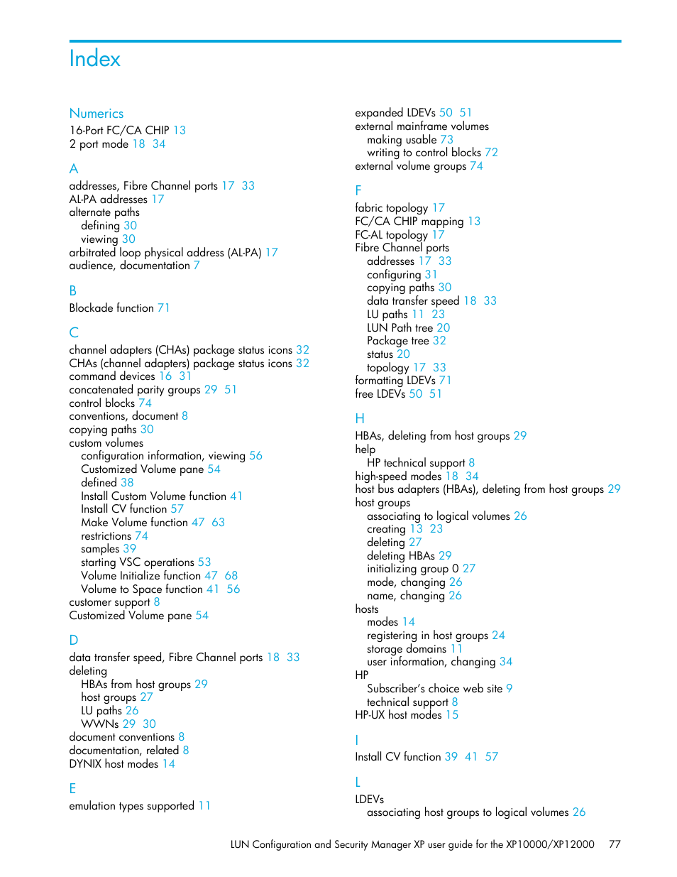 Index, Numerics | HP XP LUN Configuration and Security Manager Software User Manual | Page 77 / 84