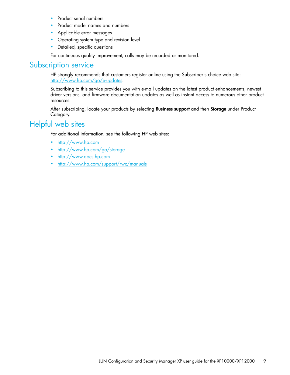 Subscription service, Helpful web sites | HP XP LUN Configuration and Security Manager Software User Manual | Page 9 / 84