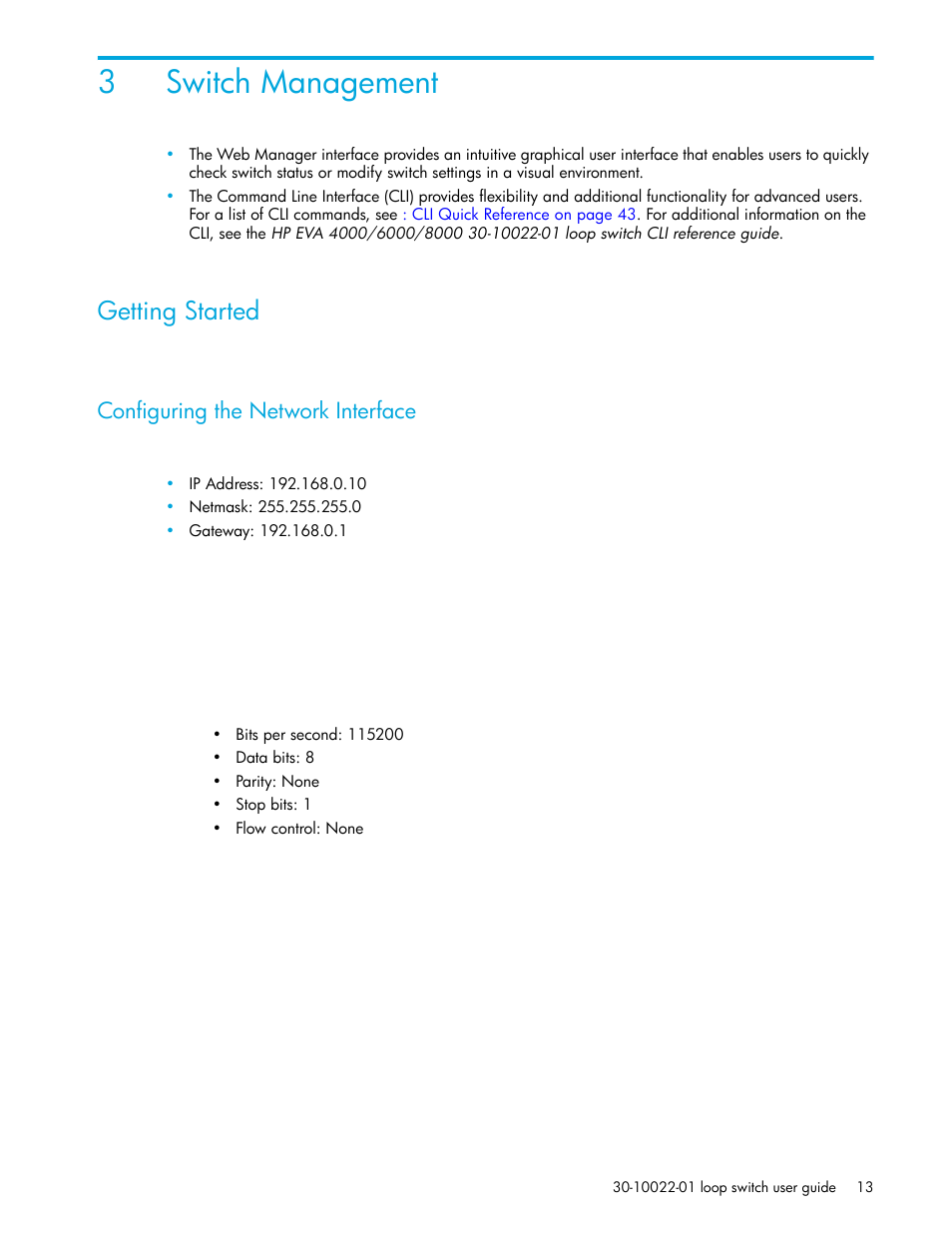Switch management, Getting started, Configuring the network interface | 3 switch management, 3switch management | HP Storage EVA Capacity Upgrades User Manual | Page 13 / 54