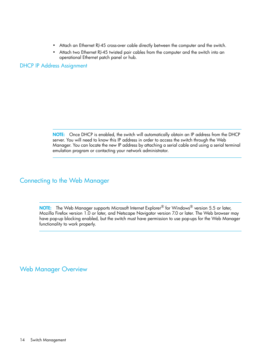 Dhcp ip address assignment, Connecting to the web manager, Web manager overview | HP Storage EVA Capacity Upgrades User Manual | Page 14 / 54