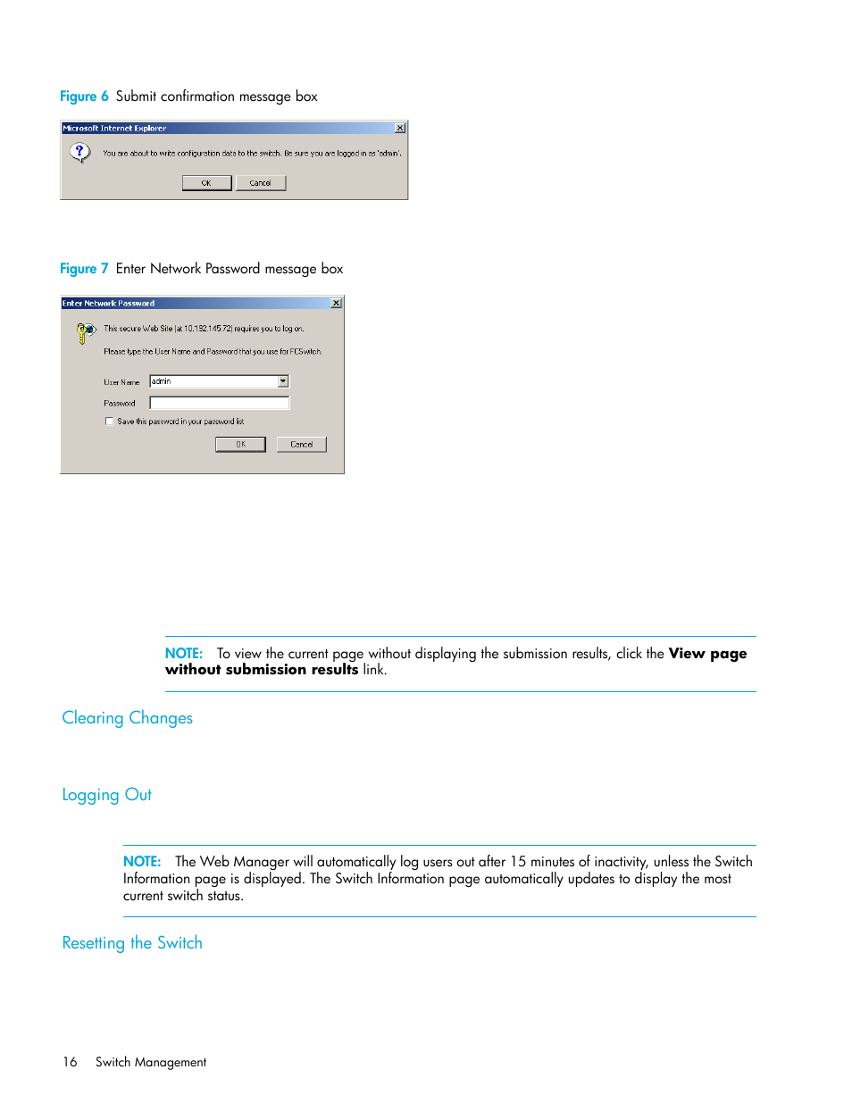 Figure 6 submit confirmation message box, Figure 7 enter network password message box, Clearing changes | Logging out, Resetting the switch | HP Storage EVA Capacity Upgrades User Manual | Page 16 / 54