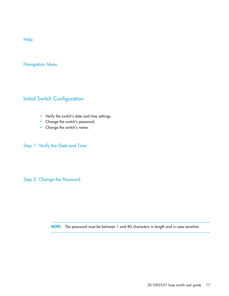 Help, Navigation menu, Initial switch configuration | Step 1: verify the date and time, Step 2: change the password | HP Storage EVA Capacity Upgrades User Manual | Page 17 / 54