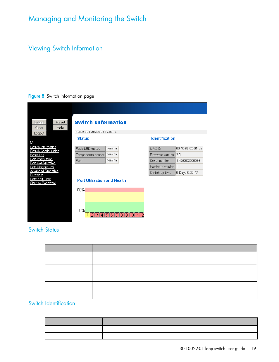 Managing and monitoring the switch, Viewing switch information, Switch status | Switch identification, Managing and monitoring | HP Storage EVA Capacity Upgrades User Manual | Page 19 / 54