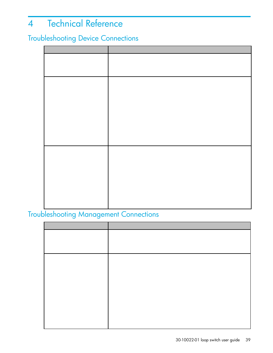 Technical reference, Troubleshooting device connections, Troubleshooting management connections | 4 technical reference, 4technical reference | HP Storage EVA Capacity Upgrades User Manual | Page 39 / 54