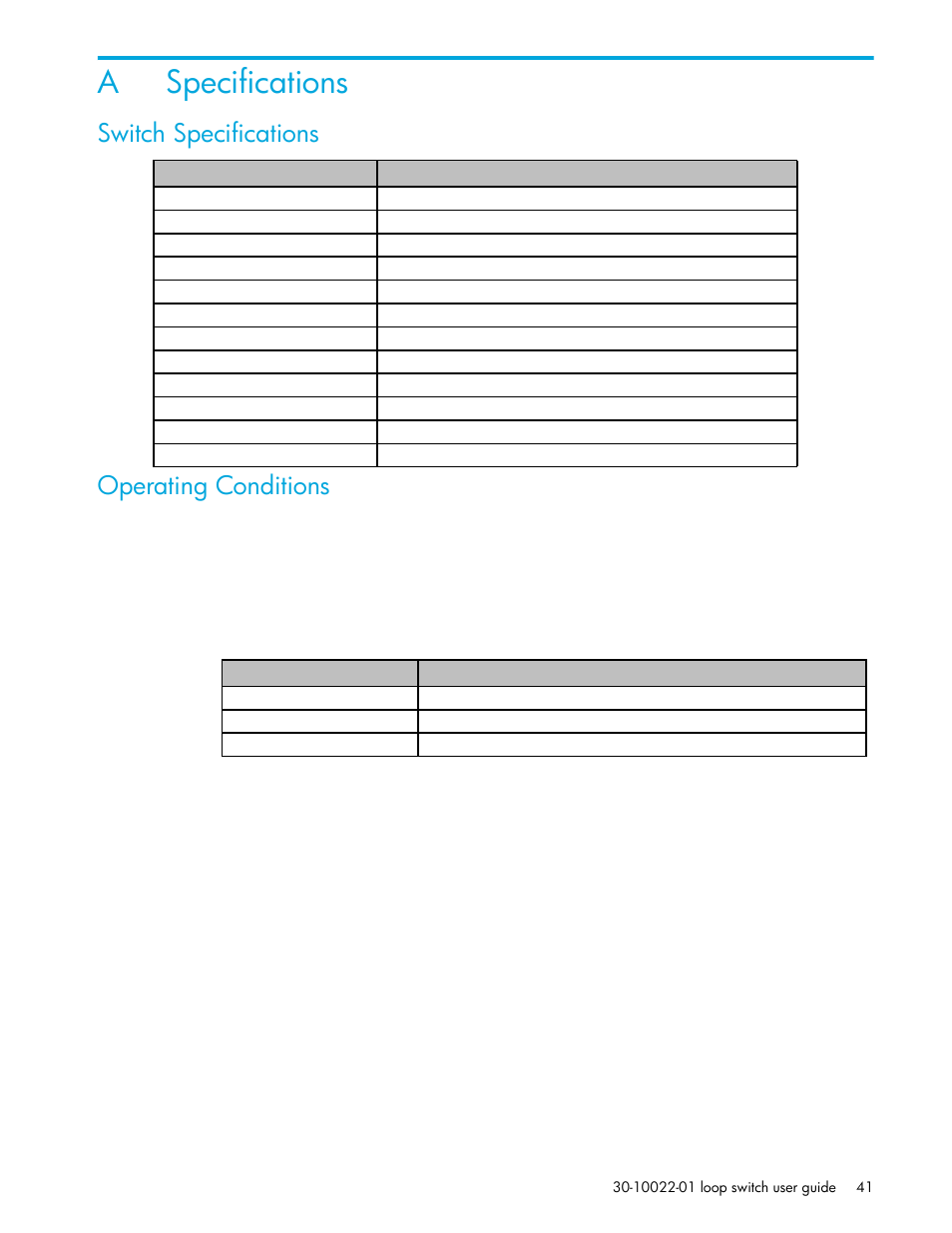 Specifications, Switch specifications, Operating conditions | A specifications, Aspecifications, Switch specifications operating conditions | HP Storage EVA Capacity Upgrades User Manual | Page 41 / 54