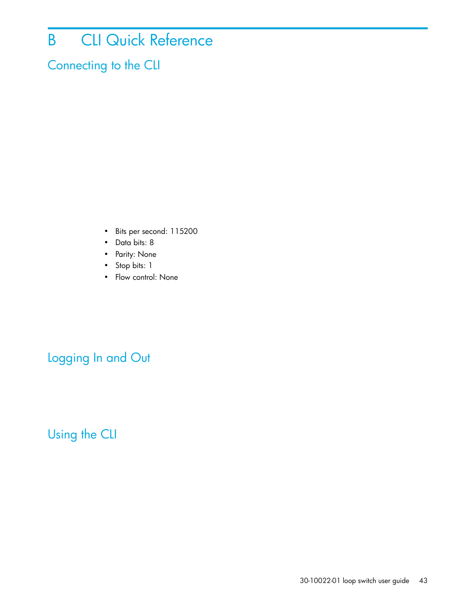 Cli quick reference, Connecting to the cli, Logging in and out | Using the cli, B cli quick reference, Bcli quick reference | HP Storage EVA Capacity Upgrades User Manual | Page 43 / 54