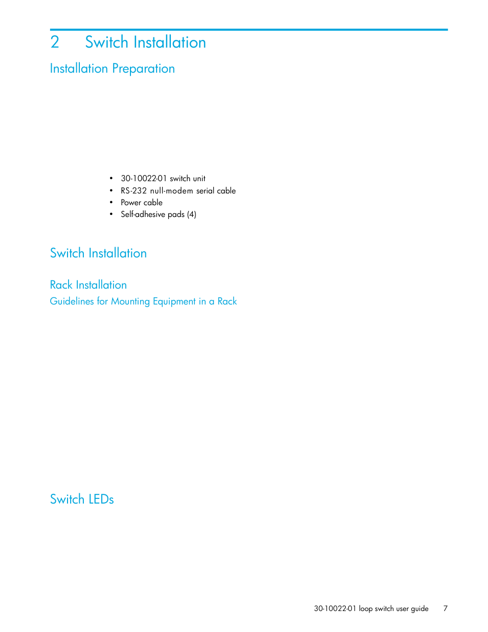 Switch installation, Installation preparation, Rack installation | Guidelines for mounting equipment in a rack, Switch leds, 2 switch installation, 2switch installation | HP Storage EVA Capacity Upgrades User Manual | Page 7 / 54