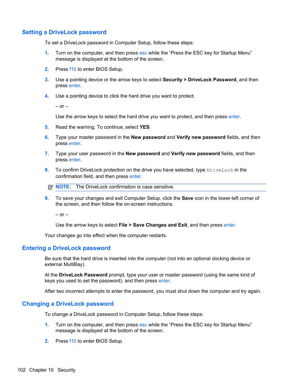Setting a drivelock password, Entering a drivelock password, Changing a drivelock password | HP 421 Notebook-PC User Manual | Page 114 / 157