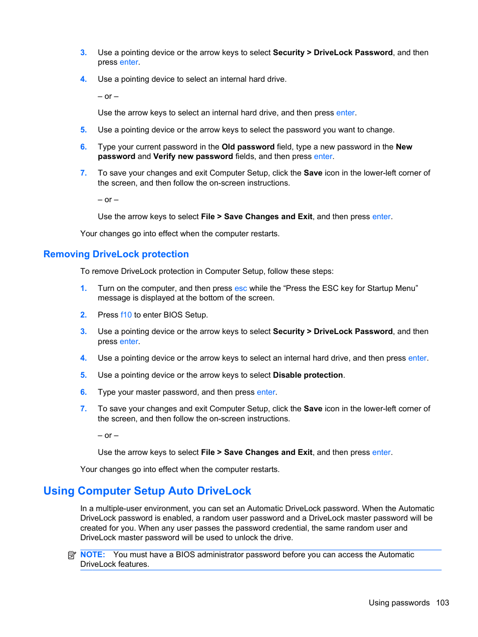 Removing drivelock protection, Using computer setup auto drivelock | HP 421 Notebook-PC User Manual | Page 115 / 157