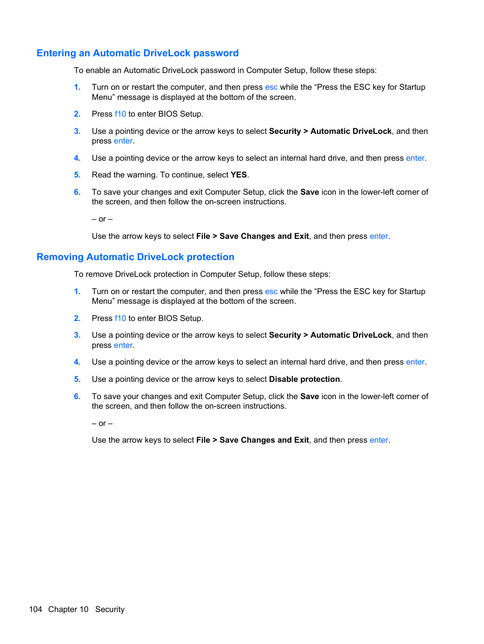 Entering an automatic drivelock password, Removing automatic drivelock protection | HP 421 Notebook-PC User Manual | Page 116 / 157
