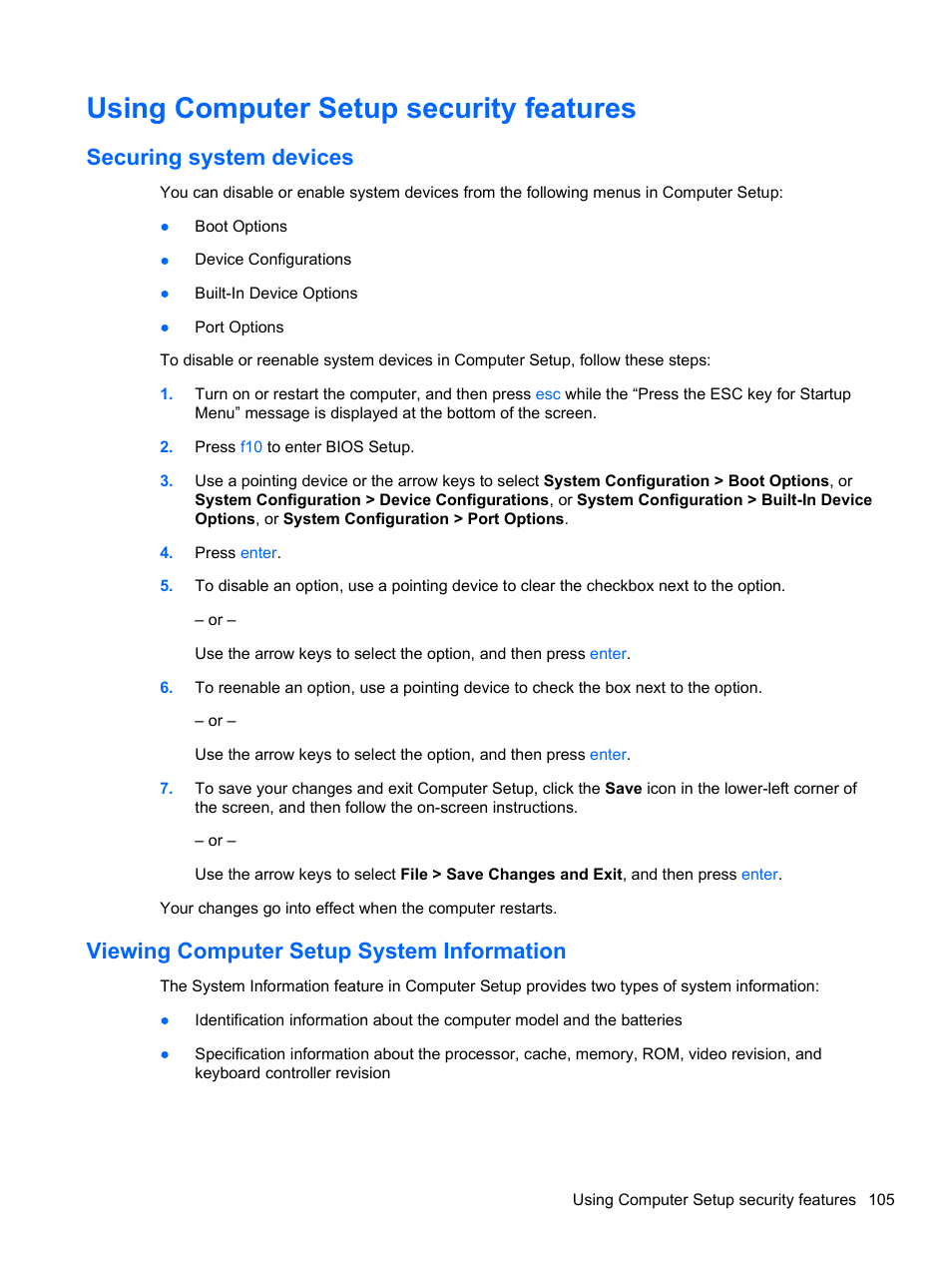 Using computer setup security features, Securing system devices, Viewing computer setup system information | HP 421 Notebook-PC User Manual | Page 117 / 157