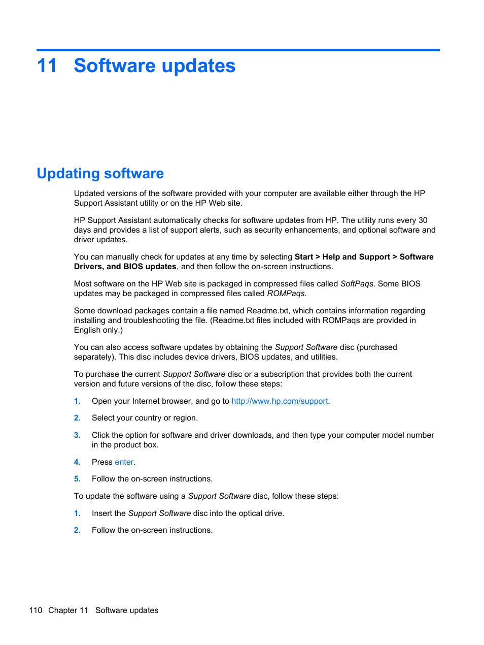 Software updates, Updating software, 11 software updates | HP 421 Notebook-PC User Manual | Page 122 / 157