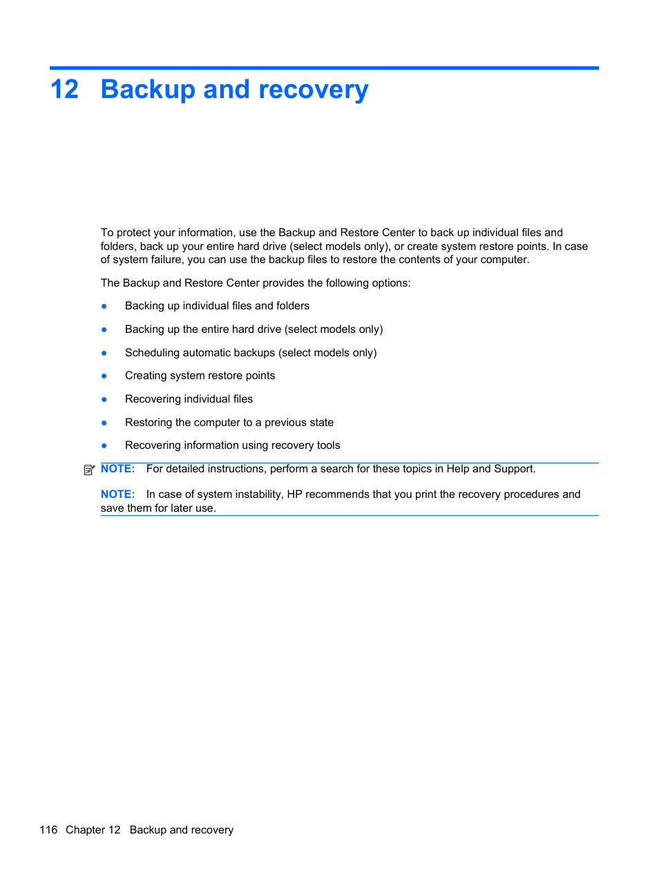Backup and recovery, 12 backup and recovery | HP 421 Notebook-PC User Manual | Page 128 / 157
