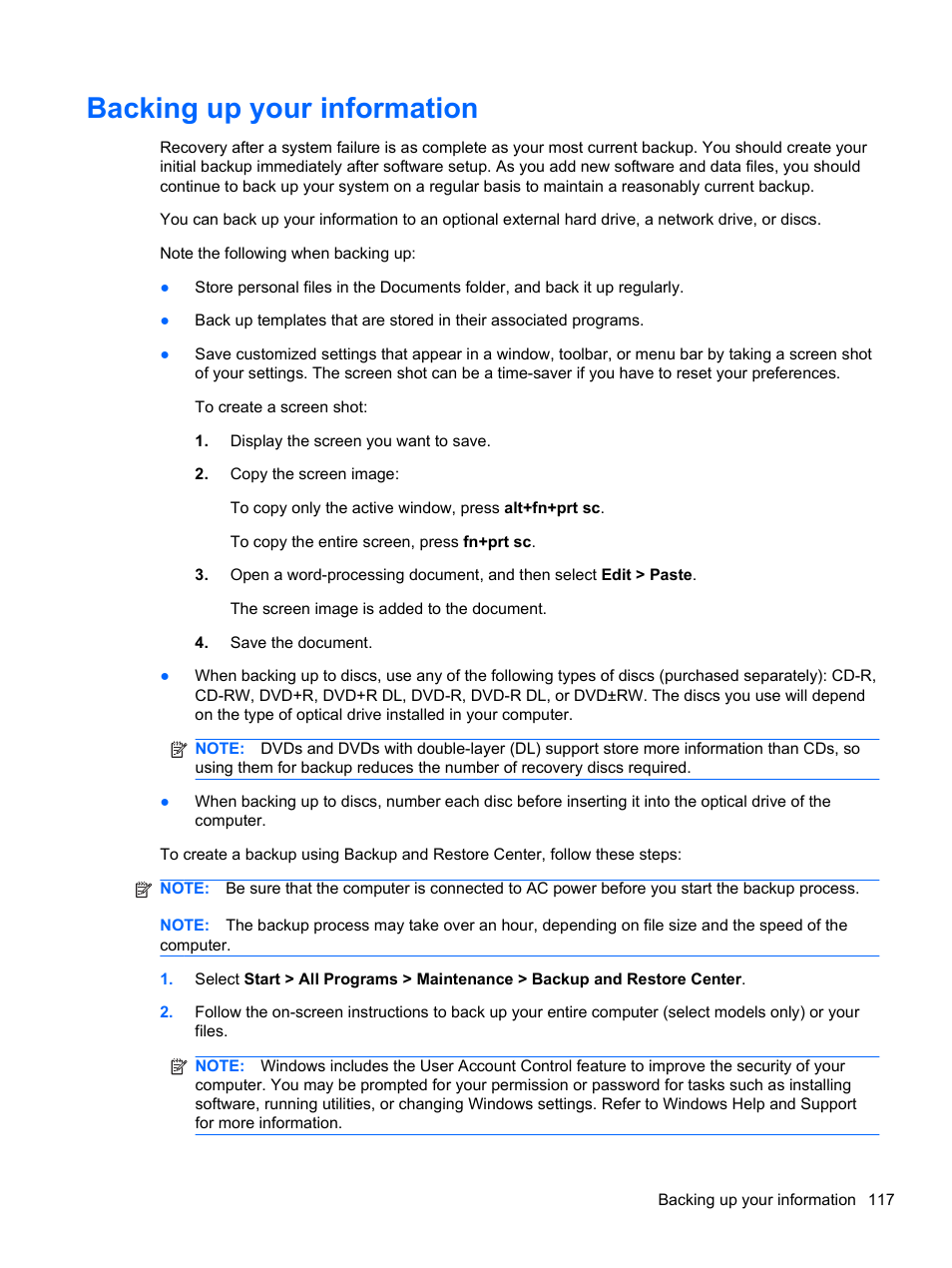 Backing up your information | HP 421 Notebook-PC User Manual | Page 129 / 157