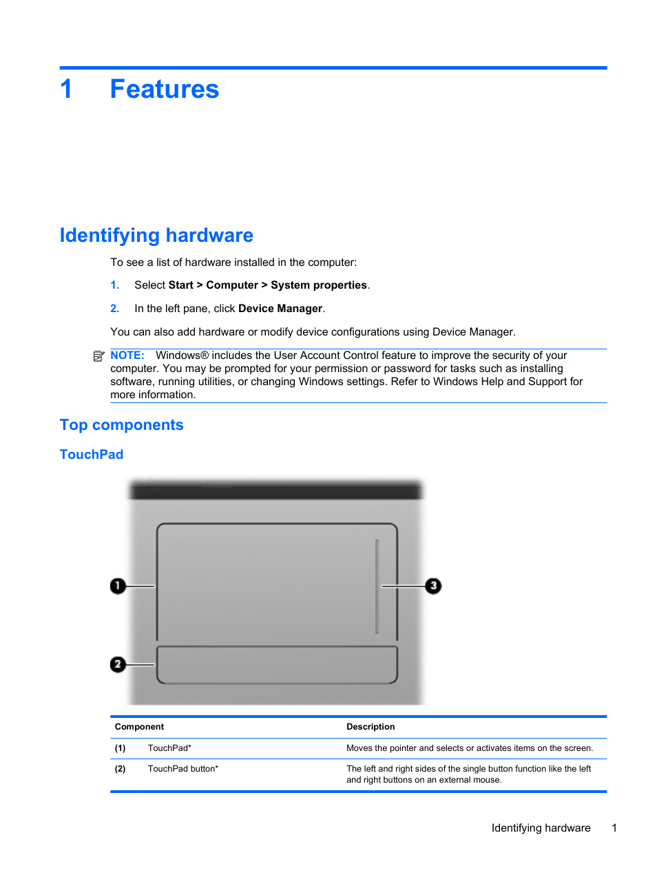 Features, Identifying hardware, Top components | Touchpad, 1 features, 1features | HP 421 Notebook-PC User Manual | Page 13 / 157