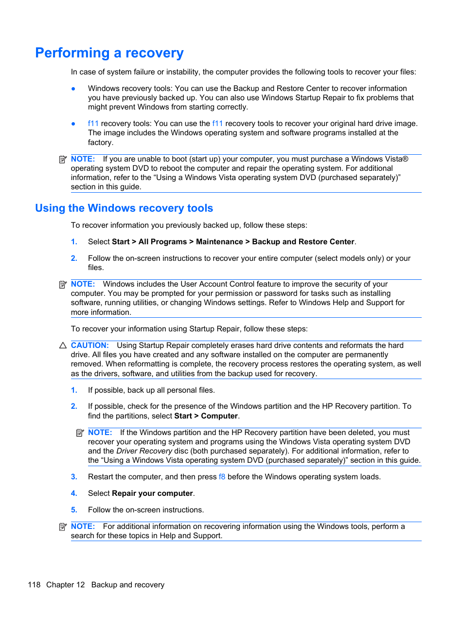 Performing a recovery, Using the windows recovery tools | HP 421 Notebook-PC User Manual | Page 130 / 157